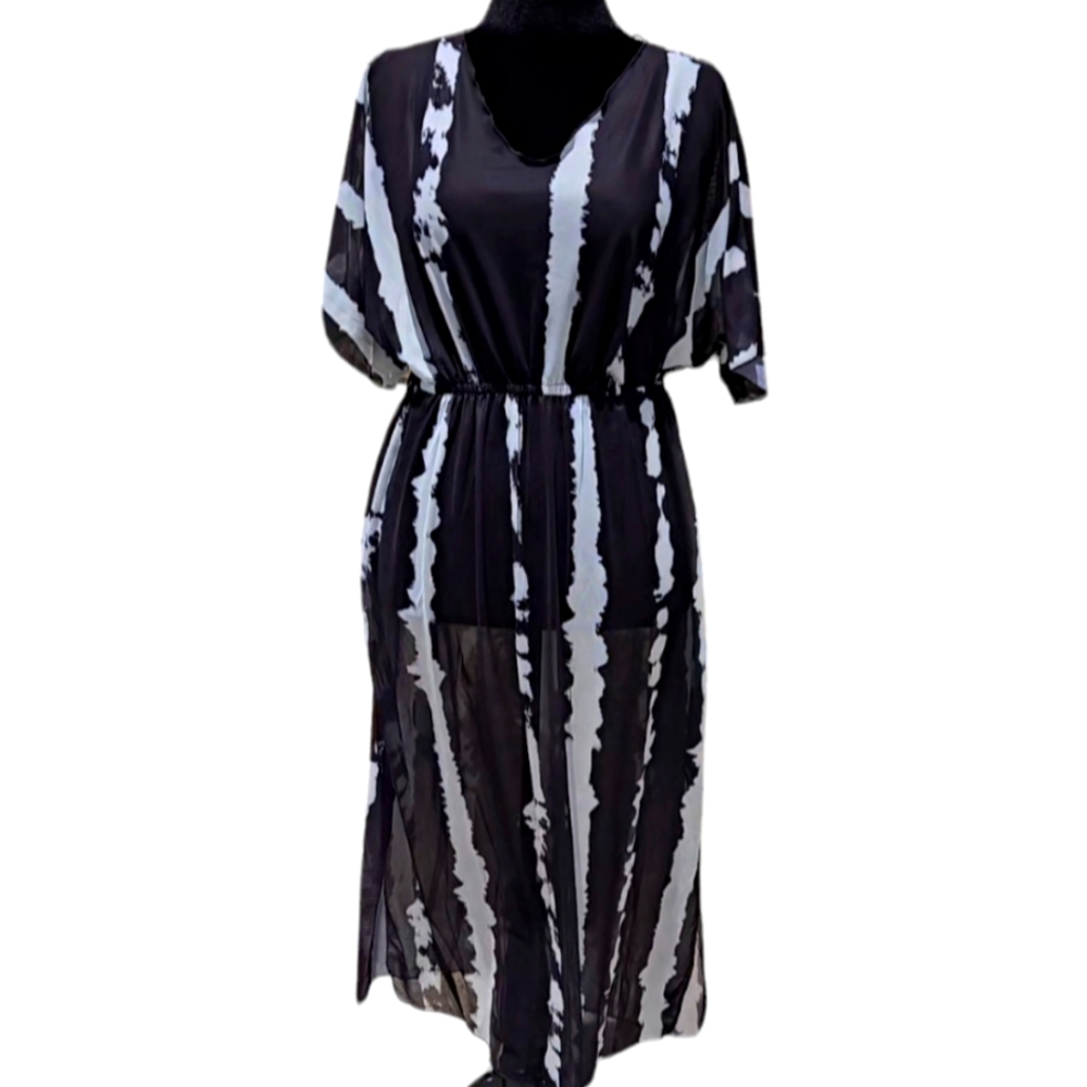 Swim Cover Up Dress Black White Stretch Flattering Semi Sheer π NEW - Picture 4 of 8